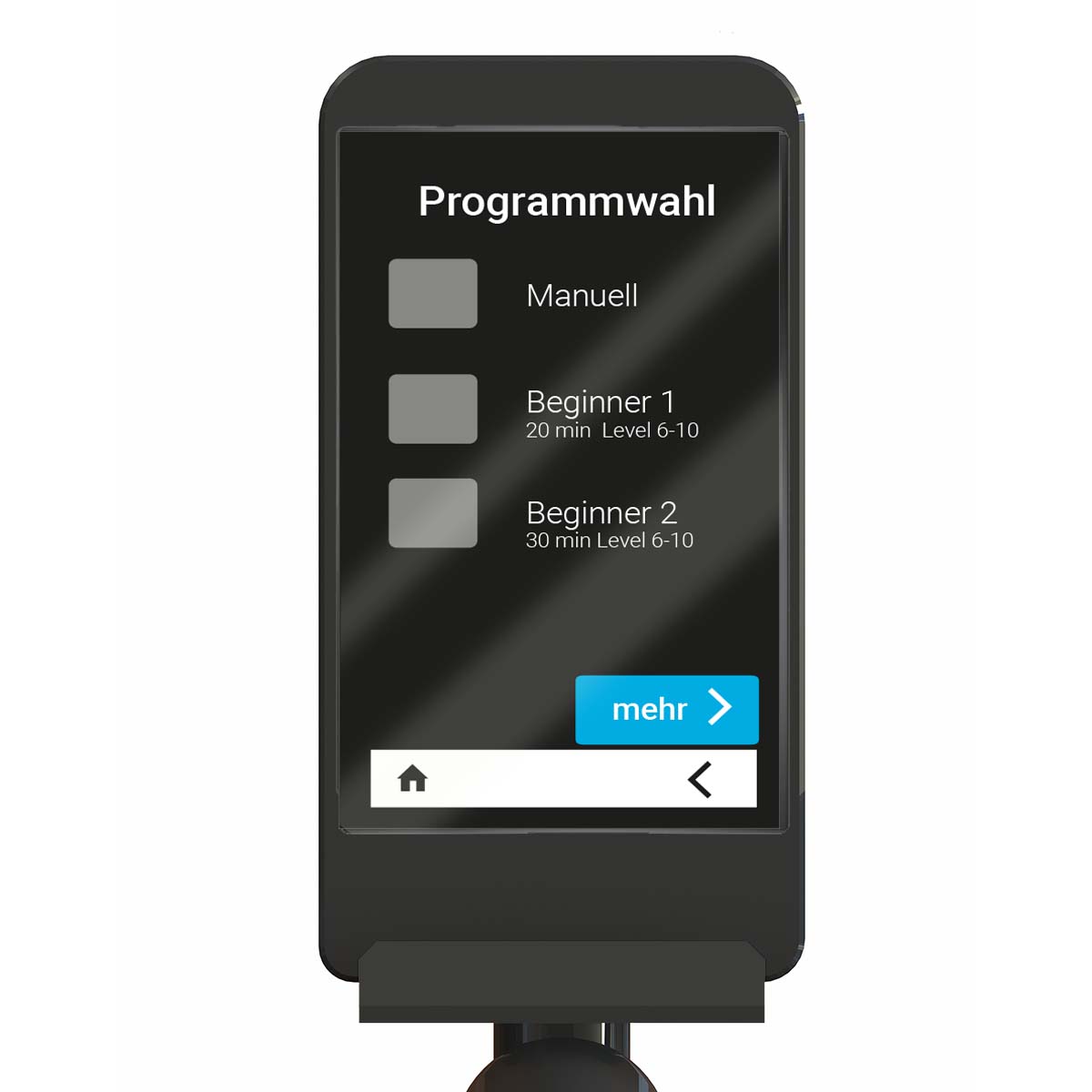Display des Stil-Fit Ergometers mit Programmauswahl: Manuell, Beginner 1, Beginner 2 und "mehr".