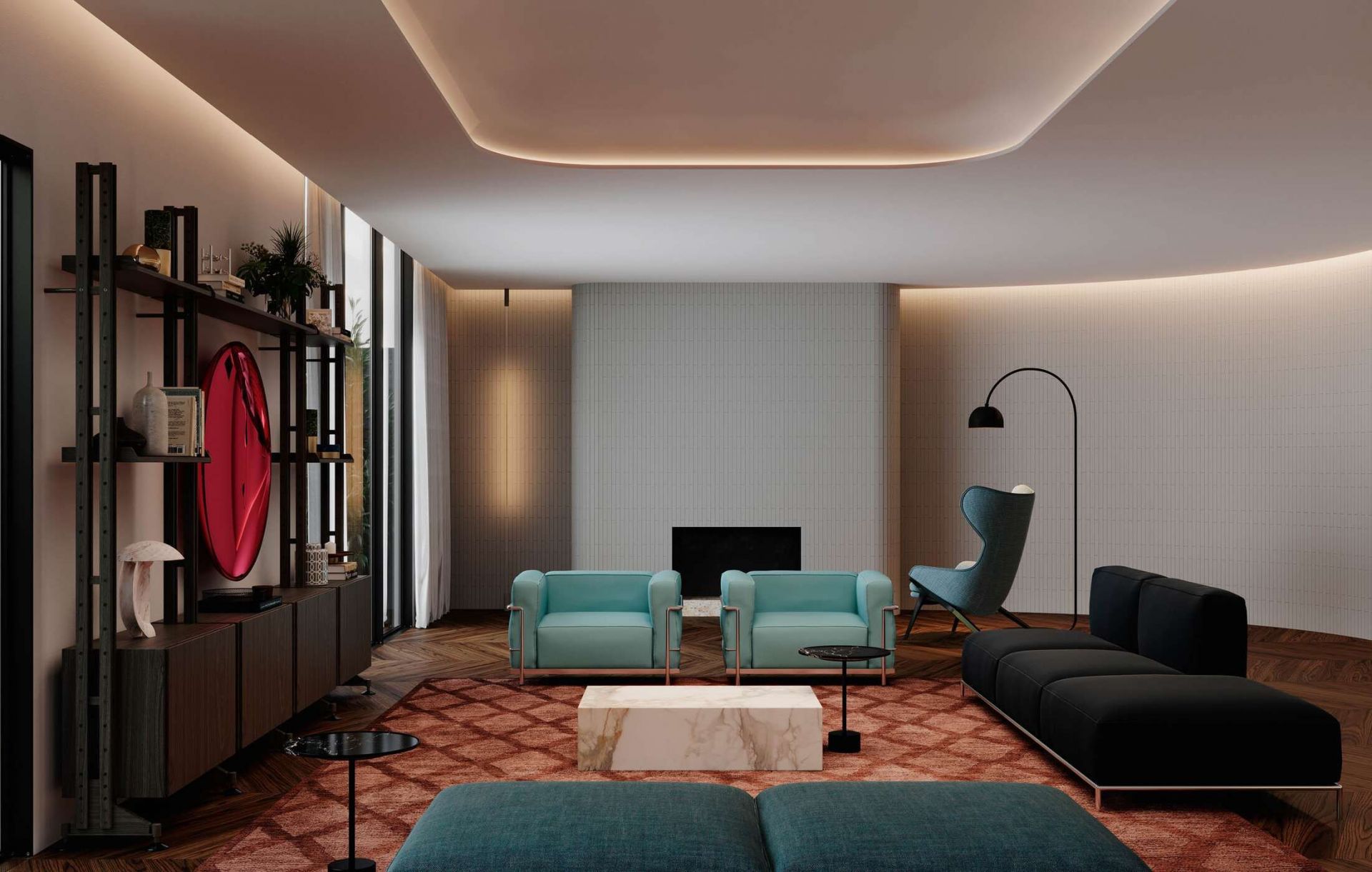 Wohnzimmer mit zwei hellblauen 3 Fauteuil Grand Confort Sesseln und schwarzen Sofa.