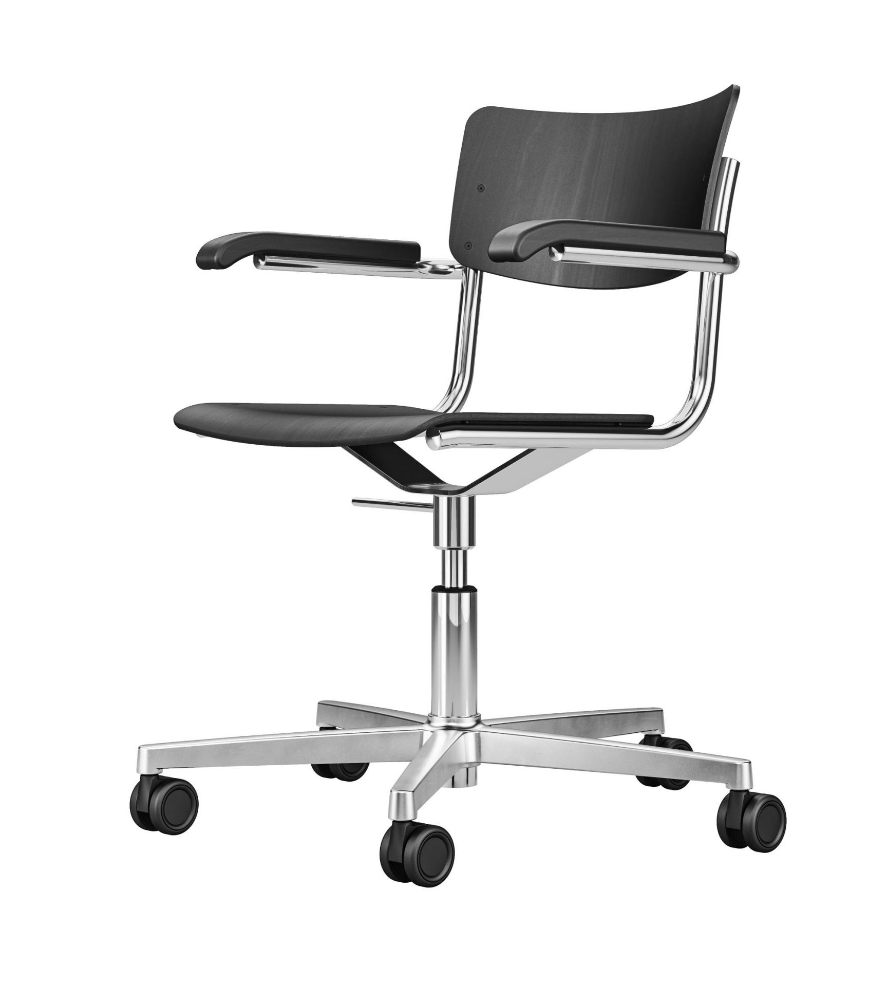 Thonet S 43 FDR Drehstuhl mit Armlehnen, schwarzem Holz und verchromtem Stahlgestell.