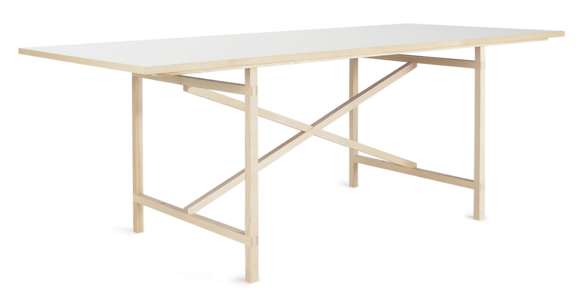 Egon Tisch von Nils Holger Moormann: Moderner Schreibtisch mit weißer Platte und Holzgestell.