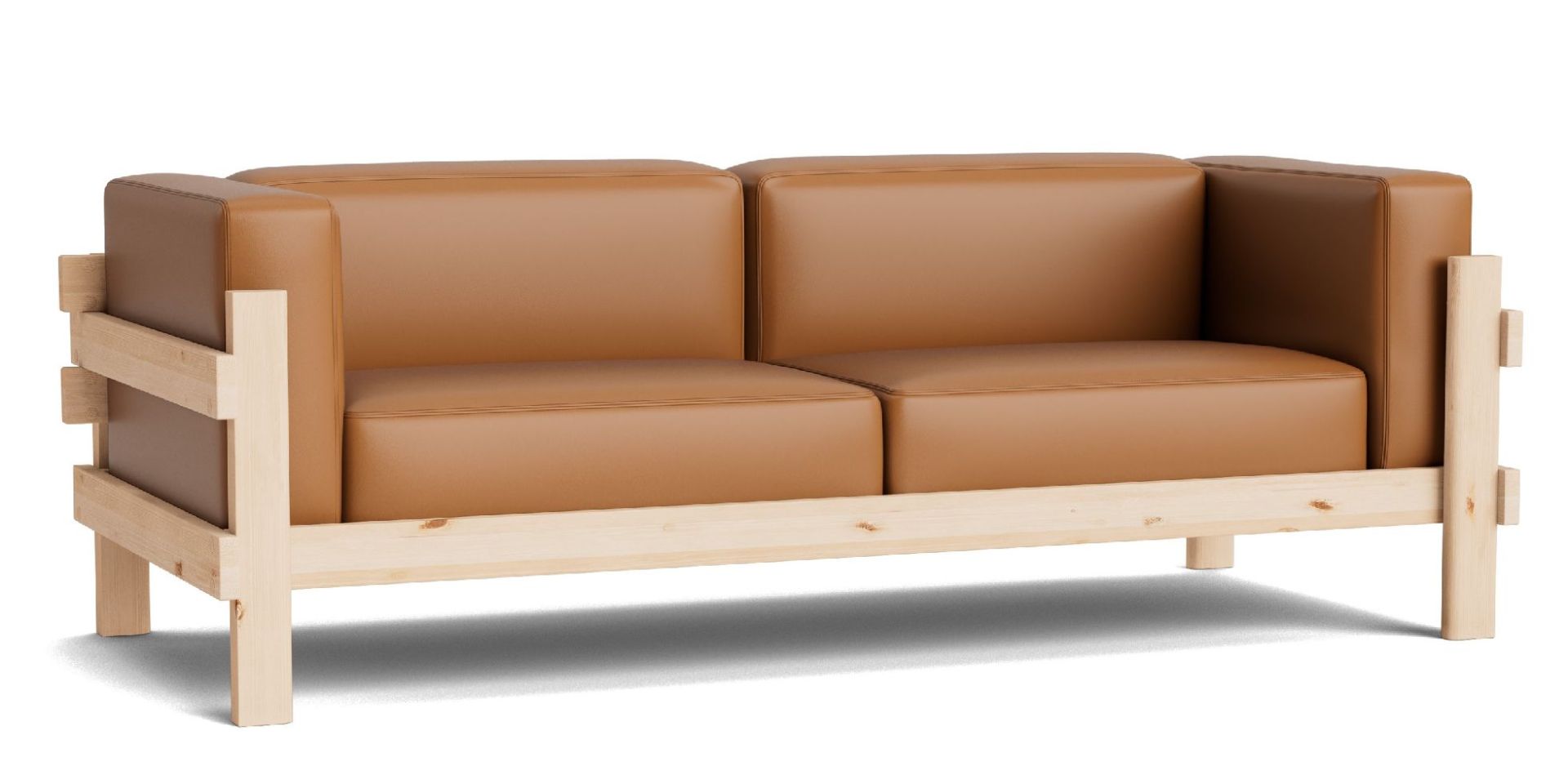 Normann Copenhagen Kube Sofa, hellbraunes Ledersofa mit Holzrahmen, modernes skandinavisches Design für Wohnzimmer.