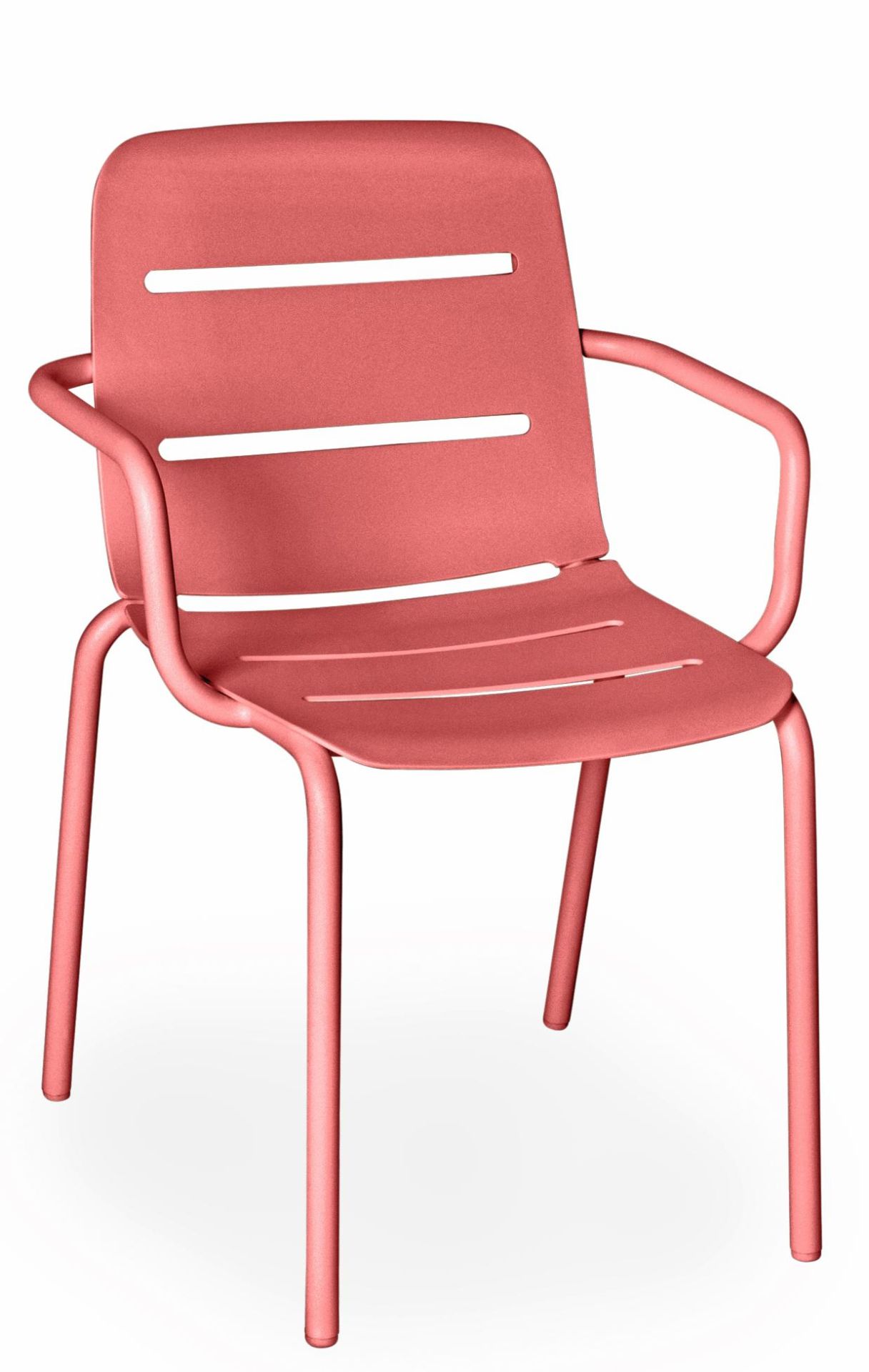 Vapio Sessel Outdoor Weishäupl, moderner Gartensessel aus pulverbeschichtetem Aluminium in Koralle, mit Armlehnen und Lattenmuster.