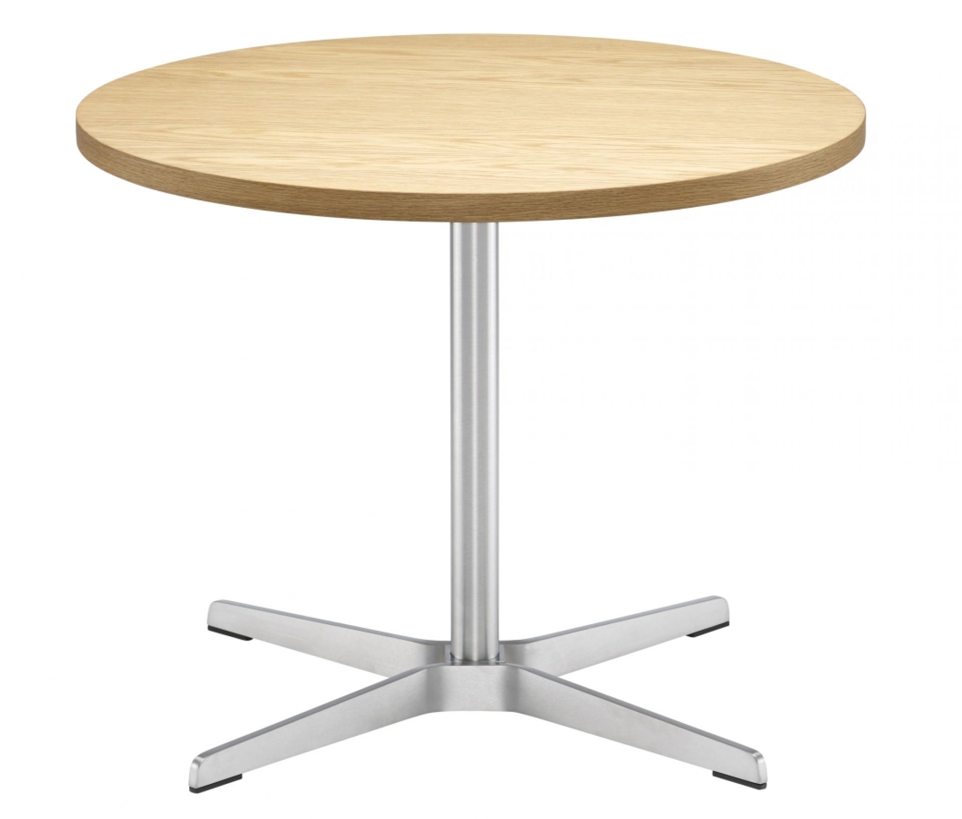 1809 Thonet Beistelltisch mit runder, heller Holzplatte und silberfarbenem Metallfuß. Moderner Tisch für Wohnzimmer.