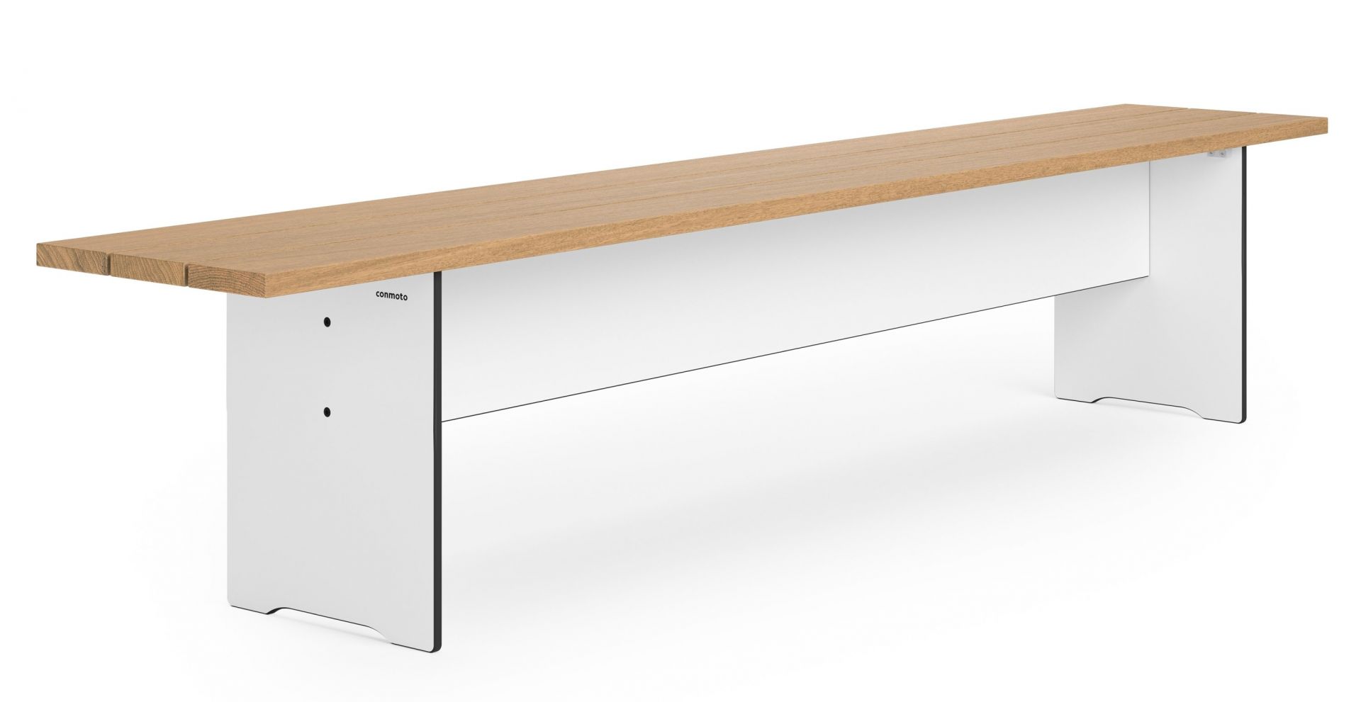 Riva Vario Bank von Conmoto für den Außenbereich, Holzauflage und weiße Seitenteile.