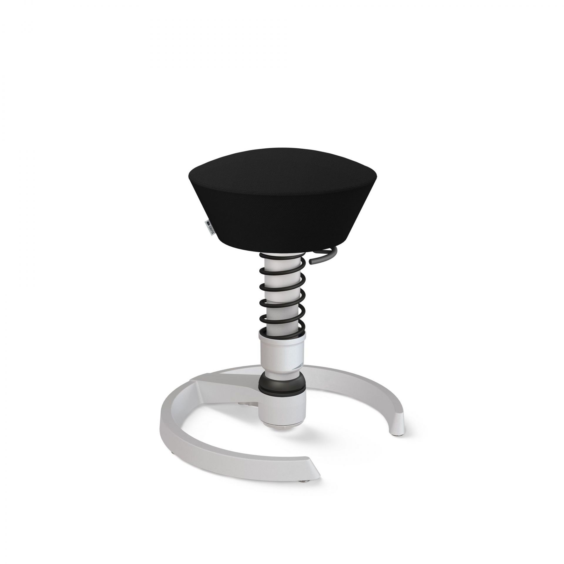Aktiv-Sitzhocker mit schwarzem Bezug und weißem Fußkreuz für ergonomisches Sitzen im Büro.