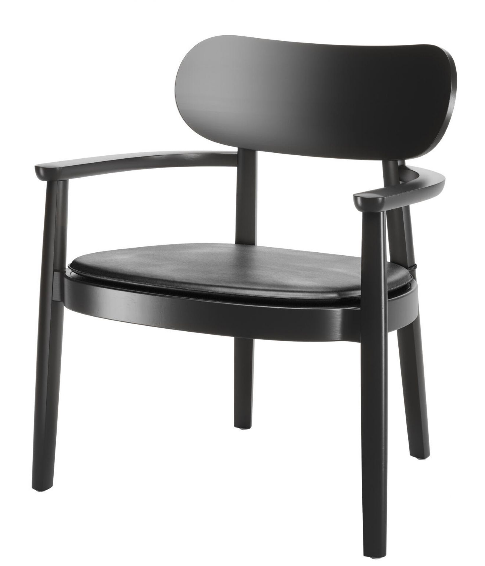 Schwarzer Holzsessel Thonet mit Armlehnen und bequemer, schwarzer Sitzpolsterauflage für komfortables Sitzen.