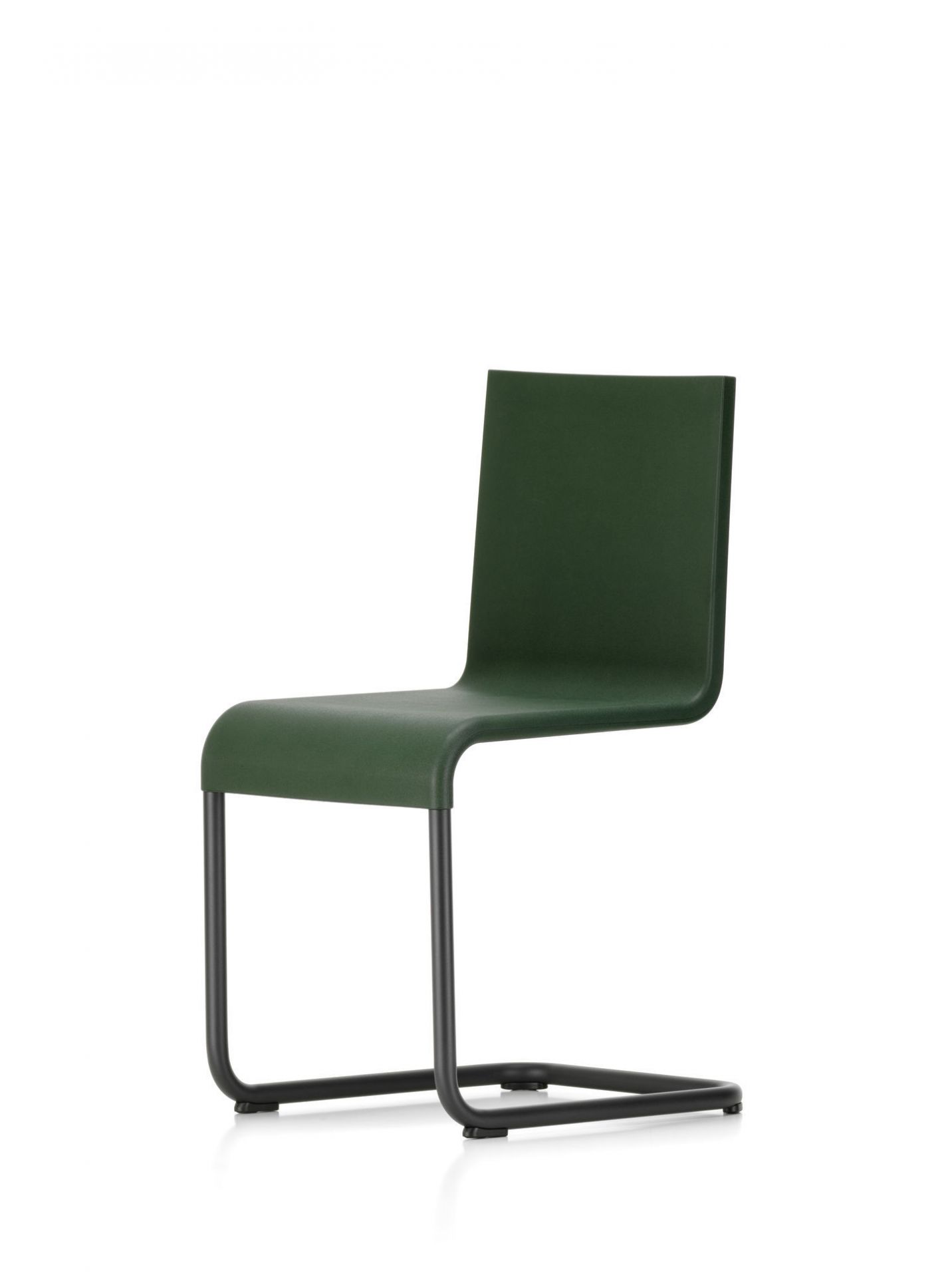 Grüner .05 Stuhl von Vitra, stapelbar, mit schwarzem Stahlgestell, modernes Design für Büro und Zuhause.