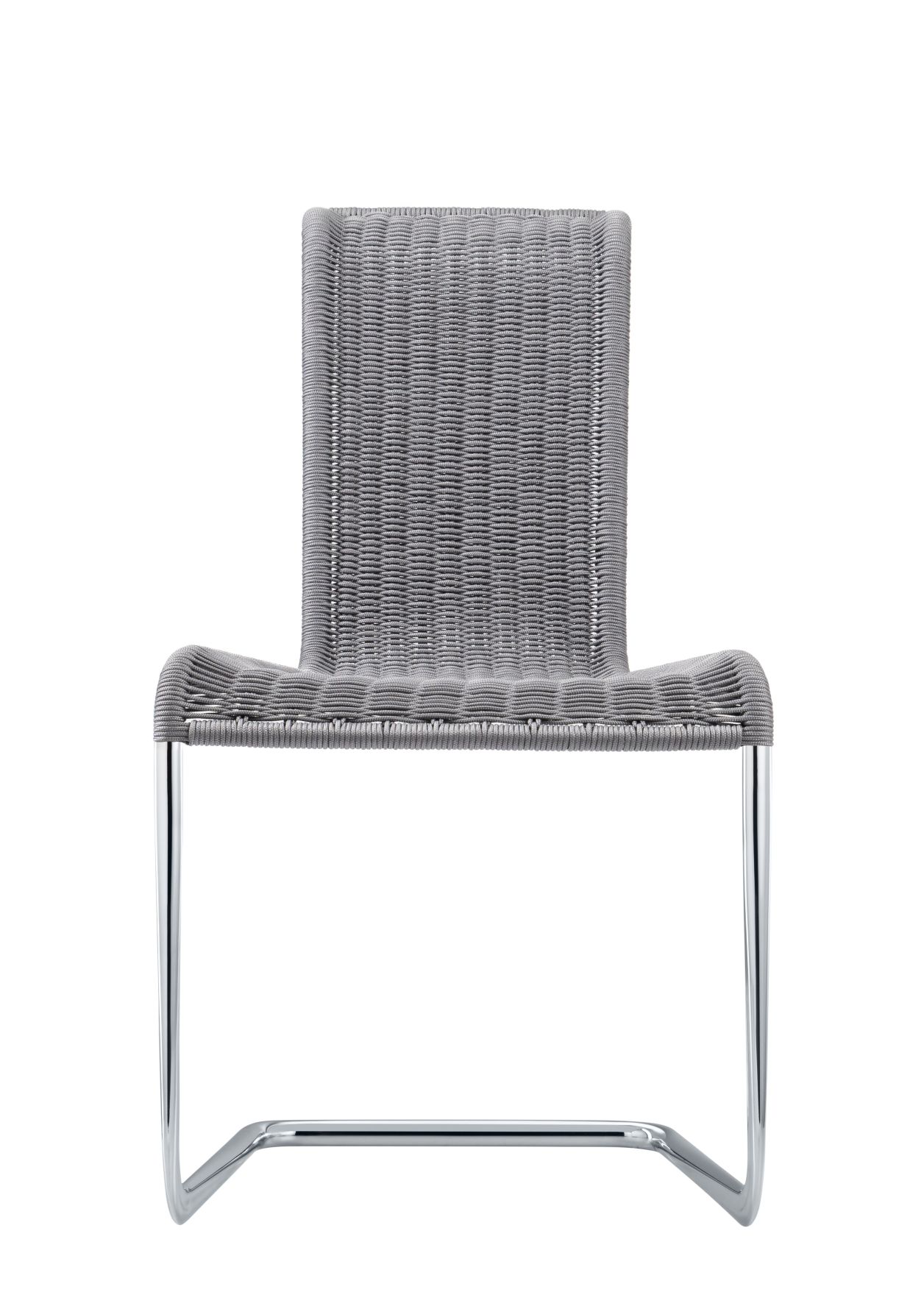 B20 Kragstuhl von Tecta, graues Geflecht, Stahlrohrgestell, moderner Freischwinger Stuhl für Esszimmer.