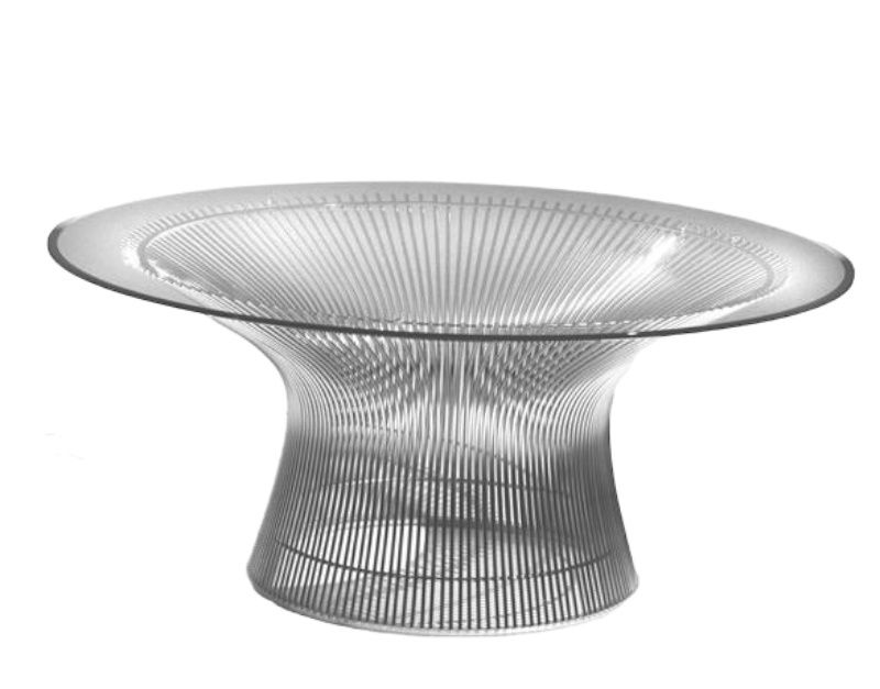 Platner Tisch von Knoll International mit transparentem Glas und filigranem Drahtgestell.