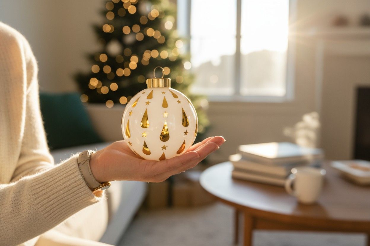 Frau hält Alessi Weihnachtskugel NZ04 mit goldenen Sternen und Tropfen vor Weihnachtsbaum.