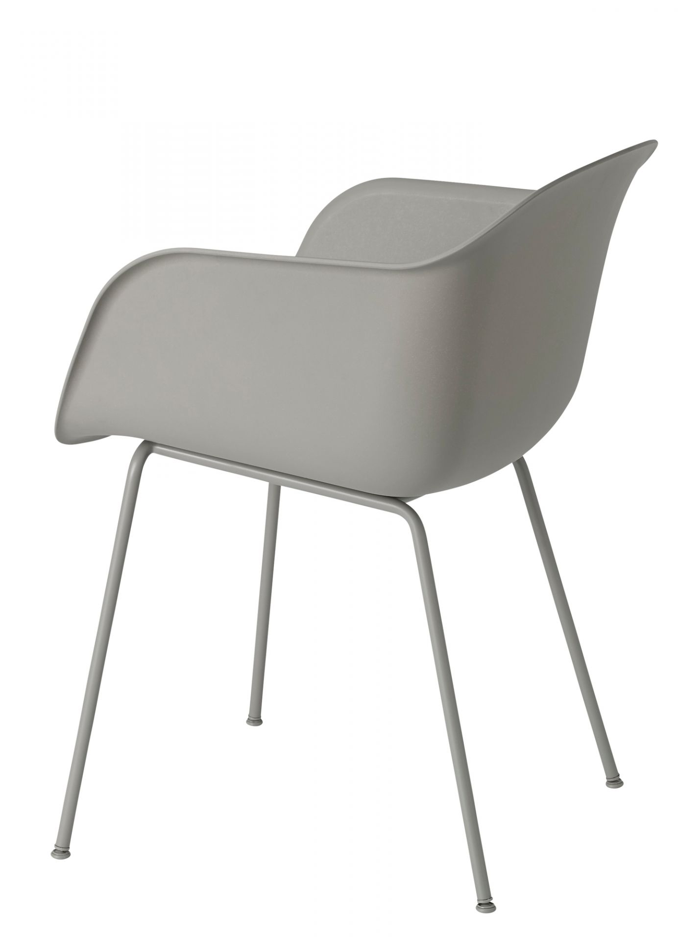 Grauer Fiber Armchair Stuhl von Muuto mit minimalistischem Design und Stahlrohrgestell, Rückansicht.