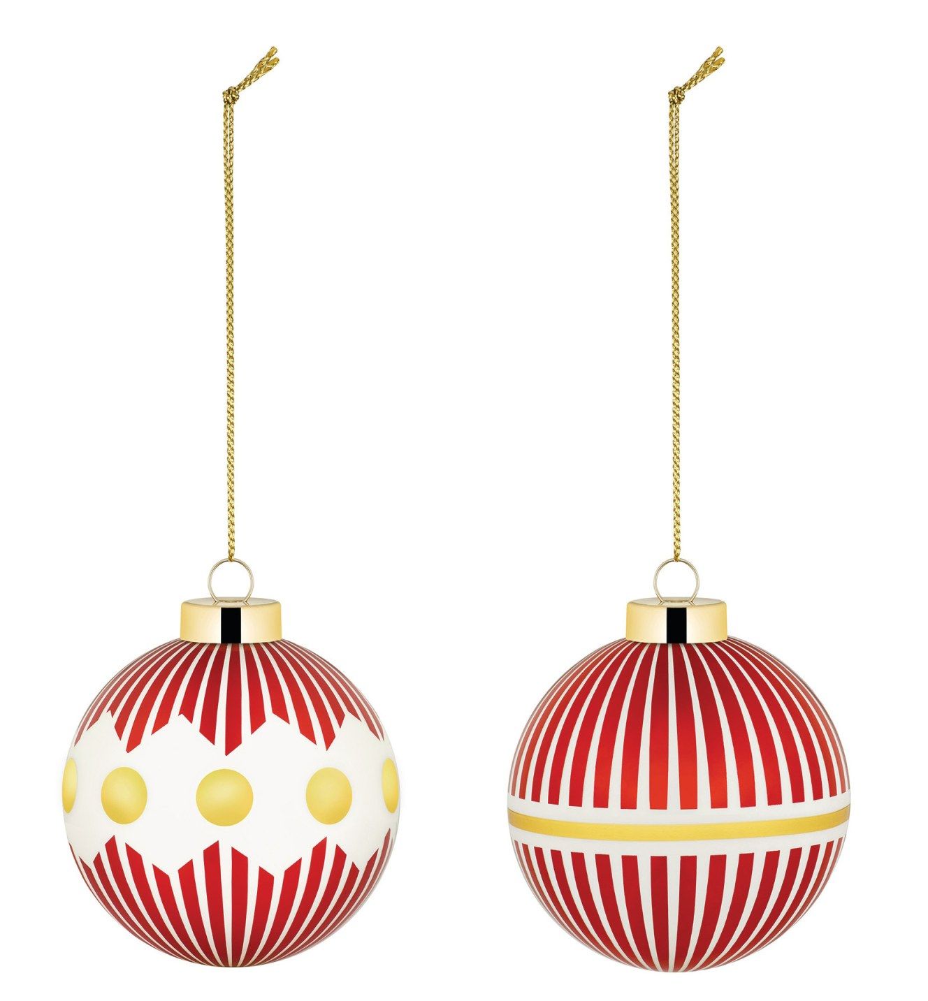 Zwei Alessi Weihnachtskugeln aus dem Delight Set in Rot-Weiß mit goldenen Akzenten.
