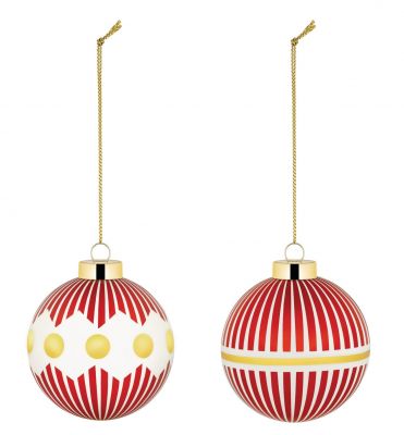 Zwei Alessi Weihnachtskugeln aus dem Delight Set in Rot-Weiß mit goldenen Akzenten.