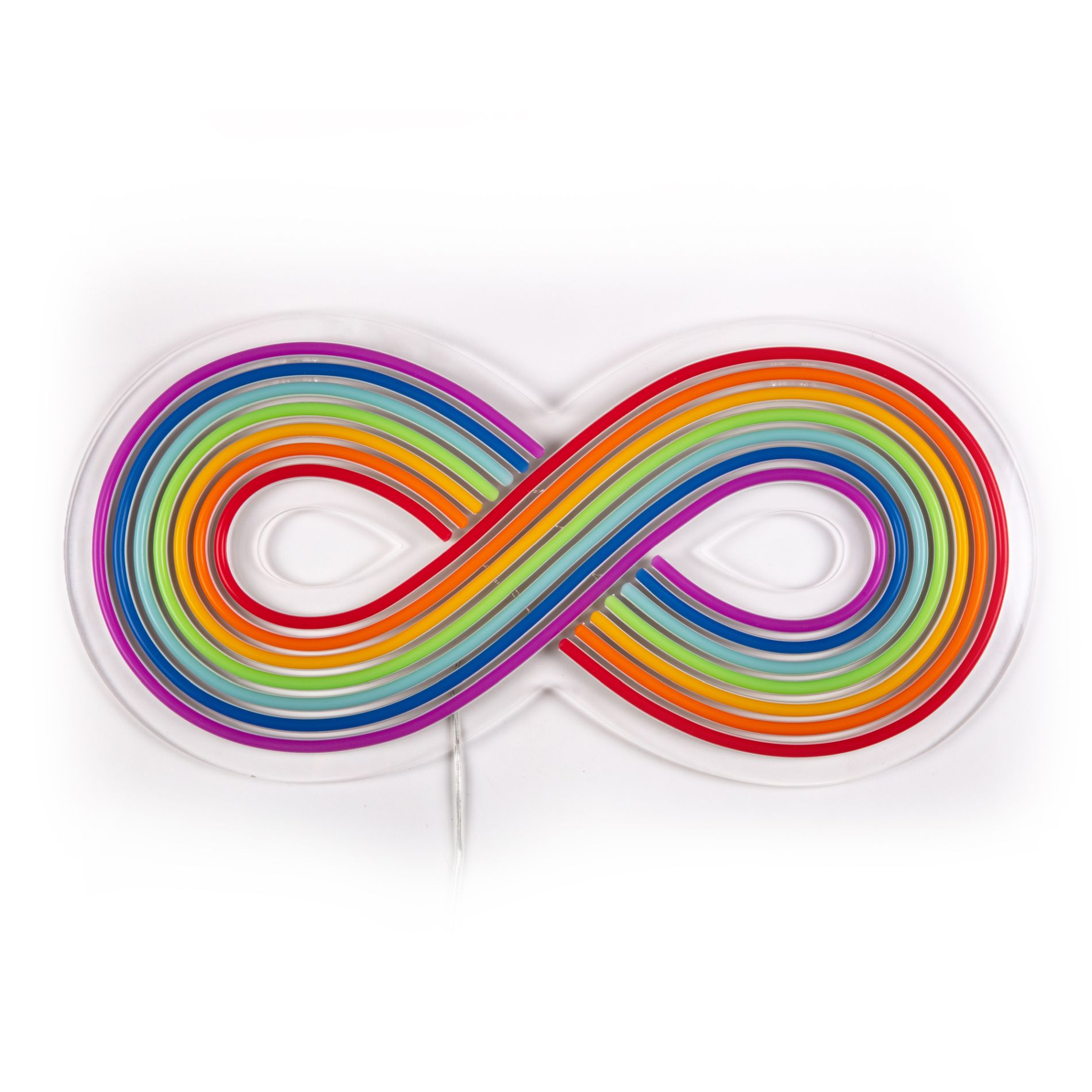 Rainbow LED Leuchte von Seletti in Form einer liegenden Acht mit bunten Neonfarben.
