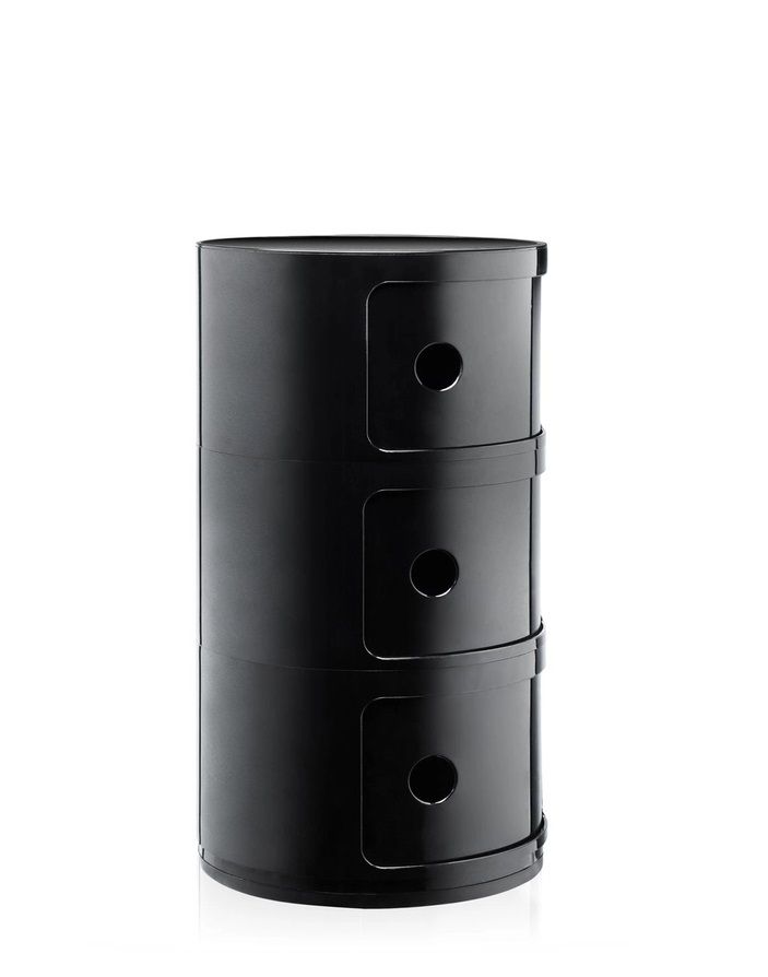 Schwarzes Componibili 3er Element von Kartell: Moderner, runder Nachttisch mit drei Fächern und runden Griffen.