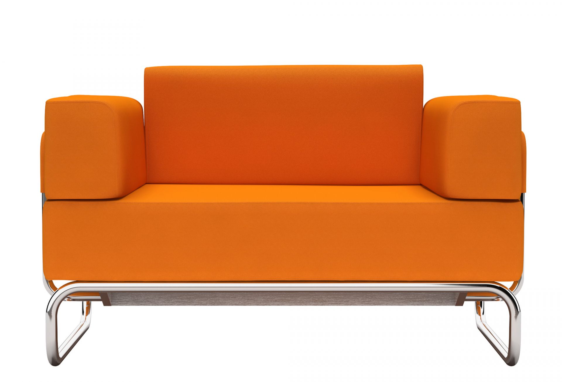 Oranger Sessel im Thonet-Stil mit Stahlrohrgestell, Frontansicht. Moderner Designklassiker für Wohnzimmer und Büro.