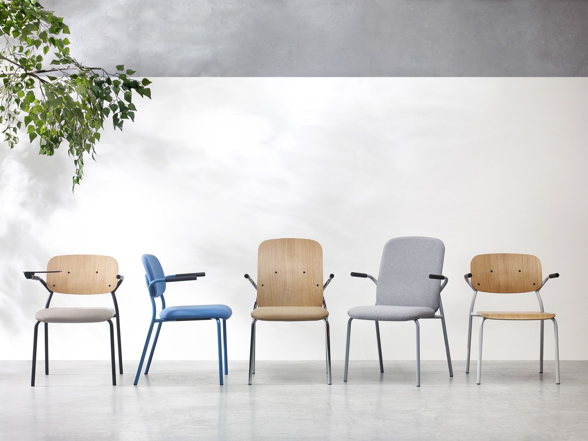 Fünf hens HS 215 Stühle von Bejot in verschiedenen Farben, ideal als Konferenzstühle oder Bürostühle.
