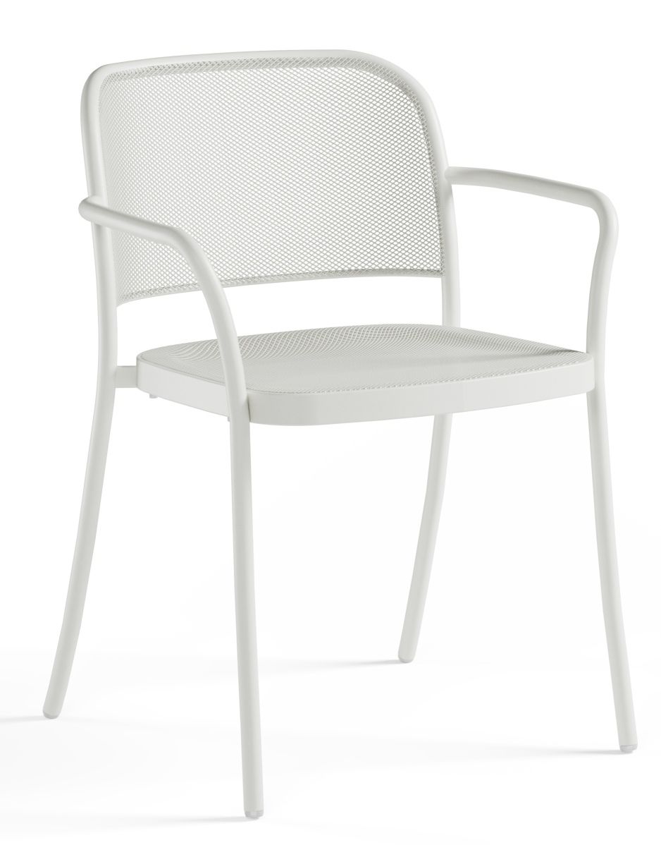 Weißer Cafè Armchair Armlehnstuhl von Emu für den Außenbereich, modernes Design mit feinem Metallgitter.