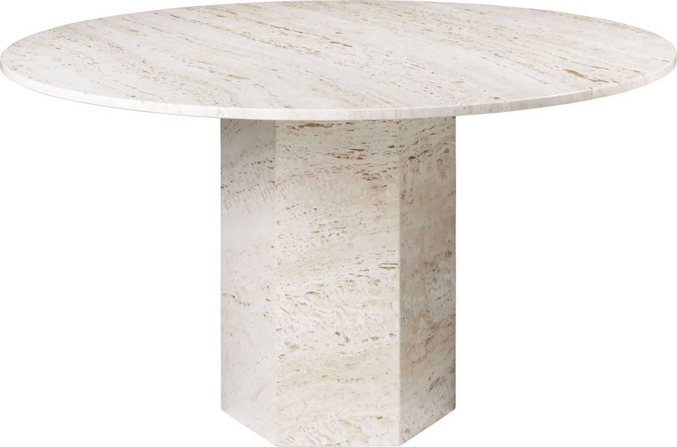 Runder Gubi Esstisch "Epic" aus Travertin, Tischplatte und Sockel in Beige-Naturtönen.