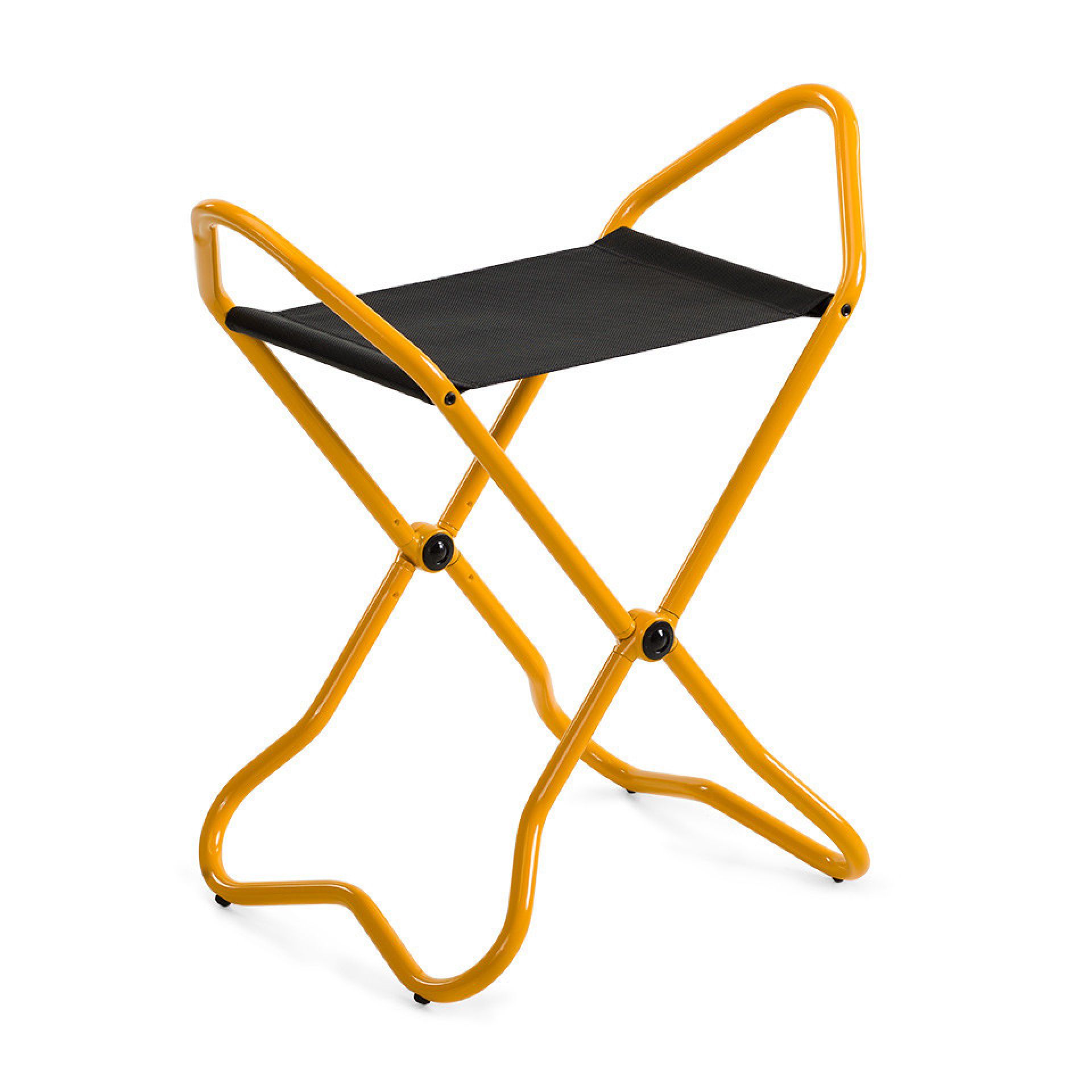 Gelber Klapphocker im New York Design mit schwarzer Sitzfläche, ideal als Museumshocker.