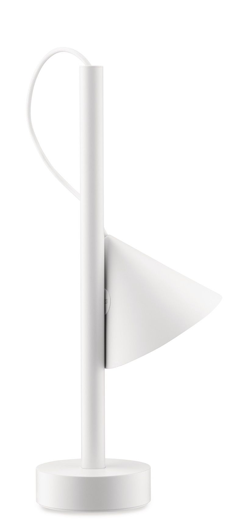 Weiße Tsumiki Akku Leuchte von Alessi, modernes Design mit zylindrischem Fuß und Lampenschirm.