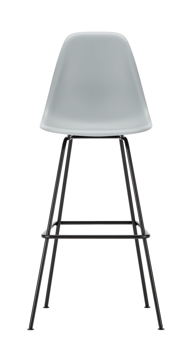 Vitra Eames Plastic Bar Stool in Hellgrau mit schwarzem Metallgestell, moderner Barhocker für Küche oder Bar.