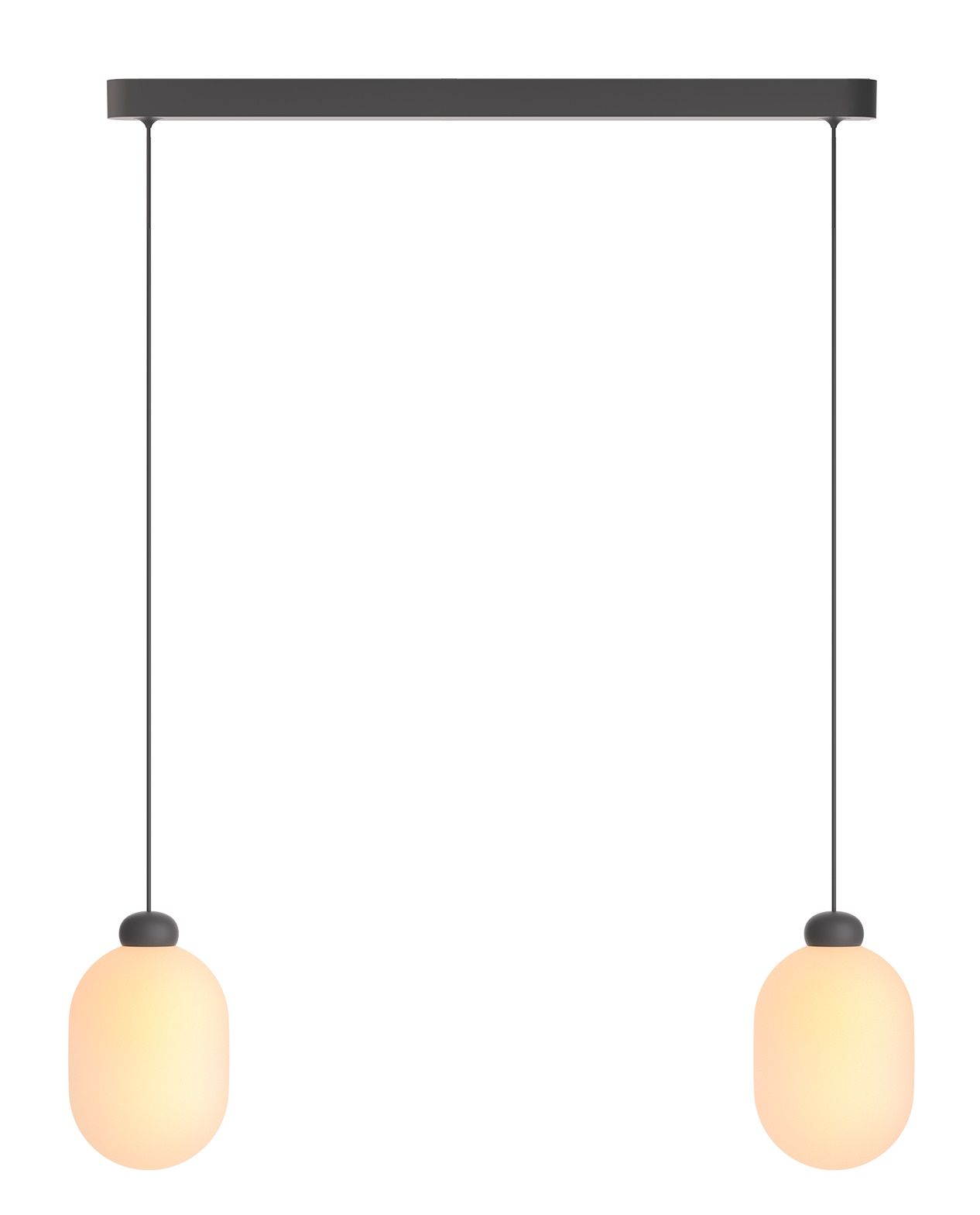 Graue Sun Duo Pendelleuchte mit zwei leuchtenden, ovalen Lampenschirmen und schwarzer Aufhängung. Moderne Hängelampe für Wohnzimmer.