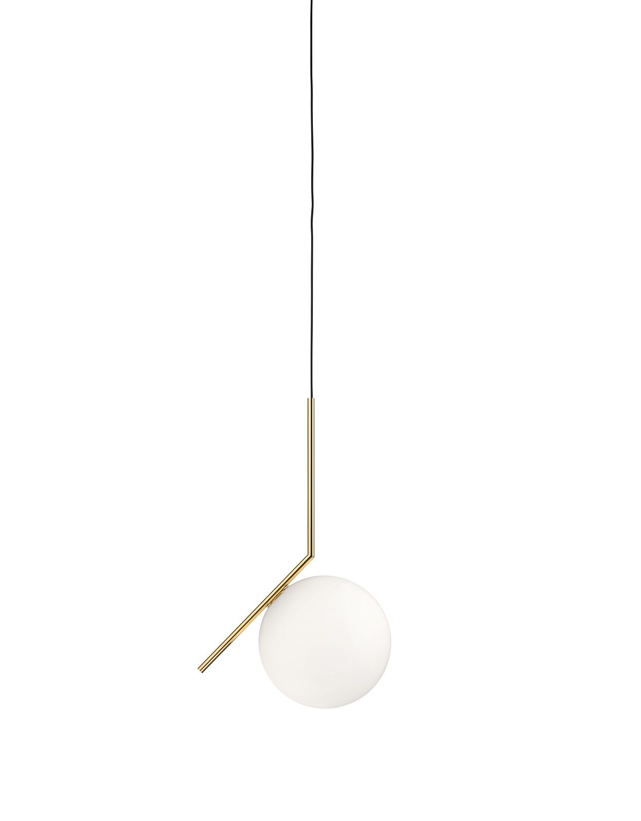 IC S2 Hängeleuchte von Flos: Goldene Pendelleuchte mit weißem, kugelförmigem Lampenschirm für stilvolle Beleuchtung.