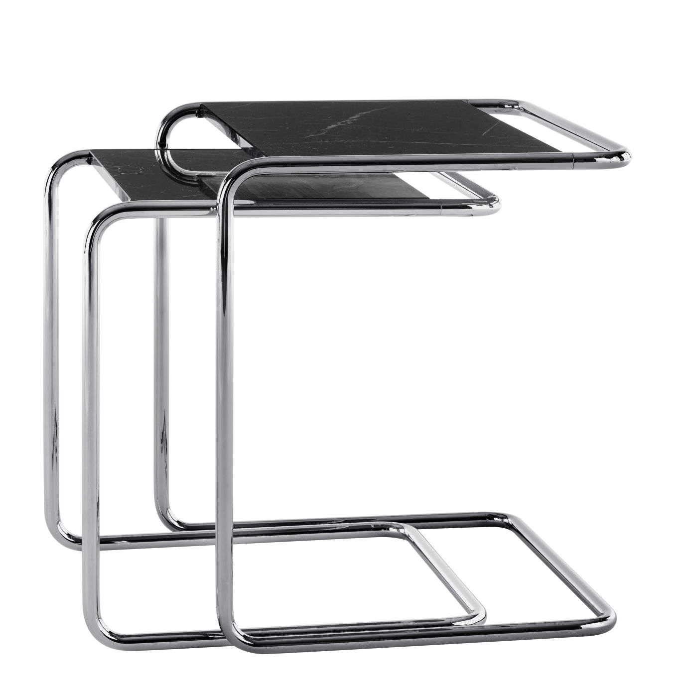 Zwei JS. Thonet B97 Beistelltische mit schwarzer Marmorplatte und verchromtem Stahlrohrgestell, modernes Design für Wohnzimmer.