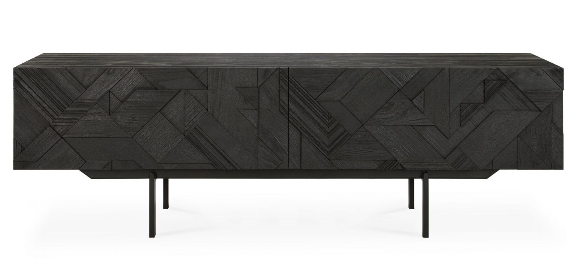 Schwarzes Graphic TV Möbel von Ethnicraft aus Teakholz mit geometrischem Muster und Metallbeinen.