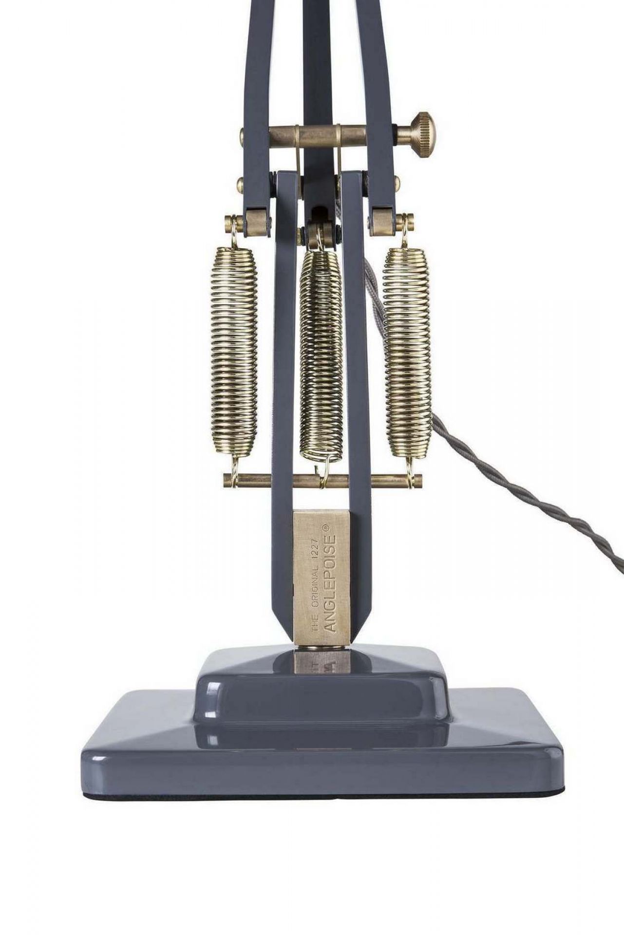 Detailaufnahme der Original 1227 Anglepoise Tischleuchte in Messing und Grau, Designklassiker.