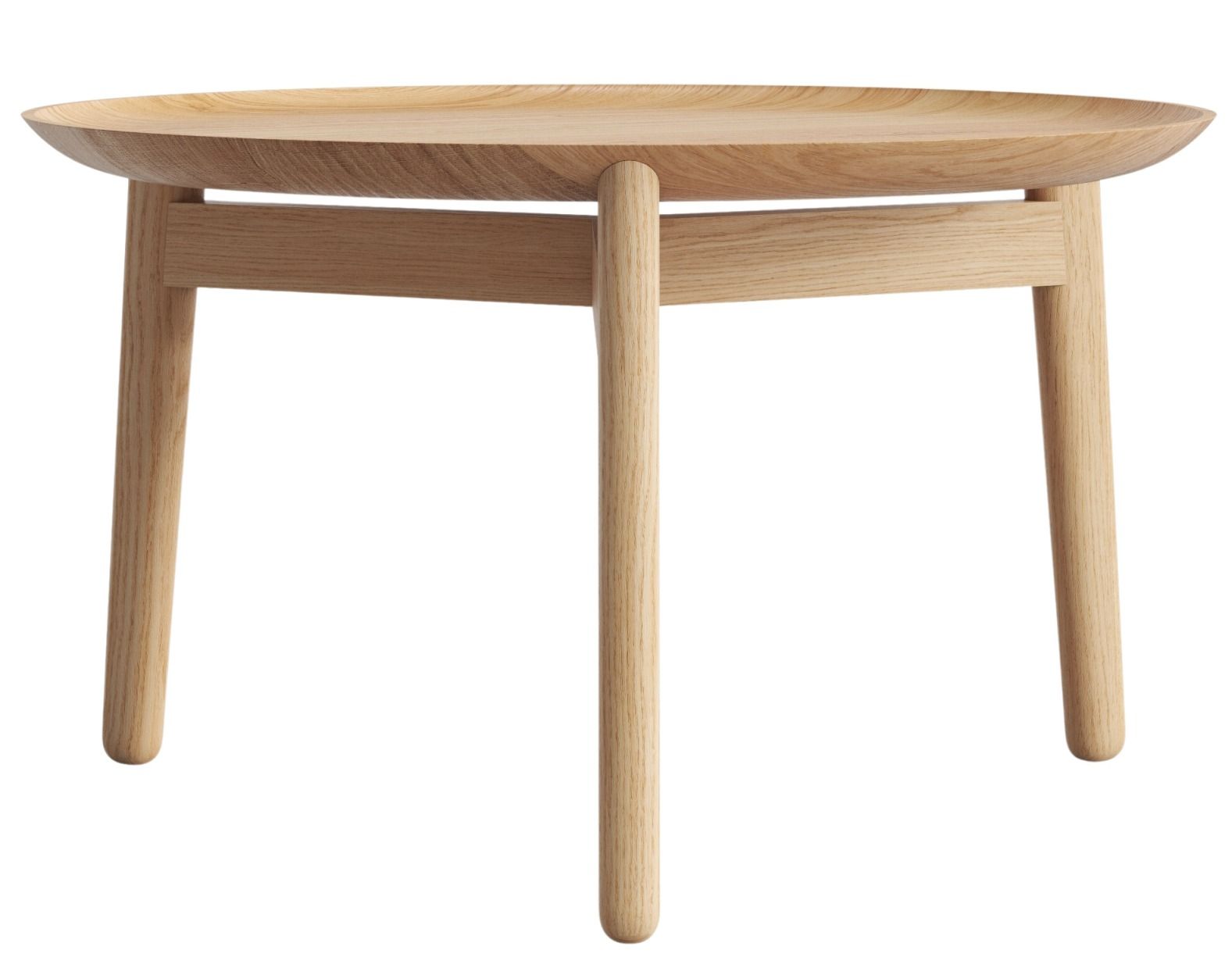 Plaisir Beistelltisch aus hellem Holz, Höhe 32 cm, mit drei Beinen und runder Tischplatte.