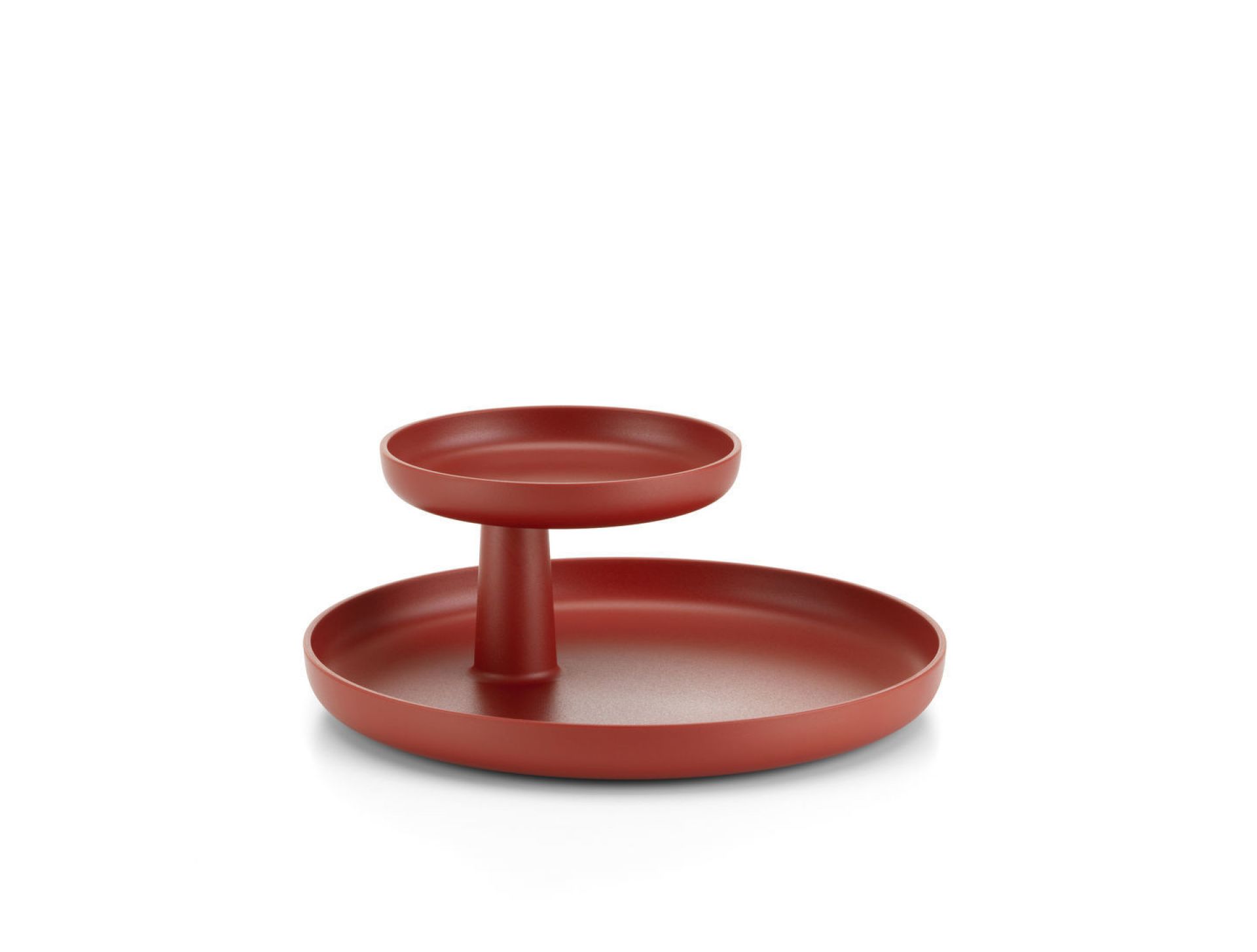 Rotes Vitra Rotary Tray Tablett mit zwei Ebenen für stilvolle Aufbewahrung und Präsentation.