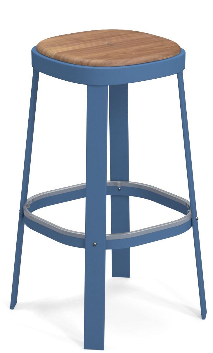 Thor Barstuhl von Emu für den Außenbereich: Blauer Barhocker mit Holz-Sitzfläche, ideal für Garten und Terrasse.