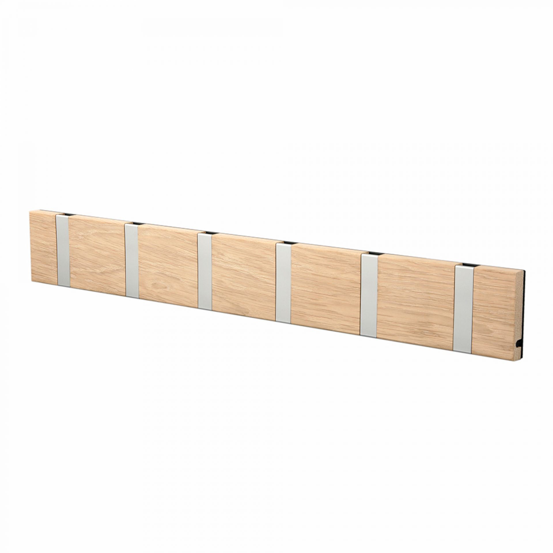 Knax Wandgarderobe mit sechs Haken in heller Holzoptik und silbernen Halterungen, waagerechte Anordnung.