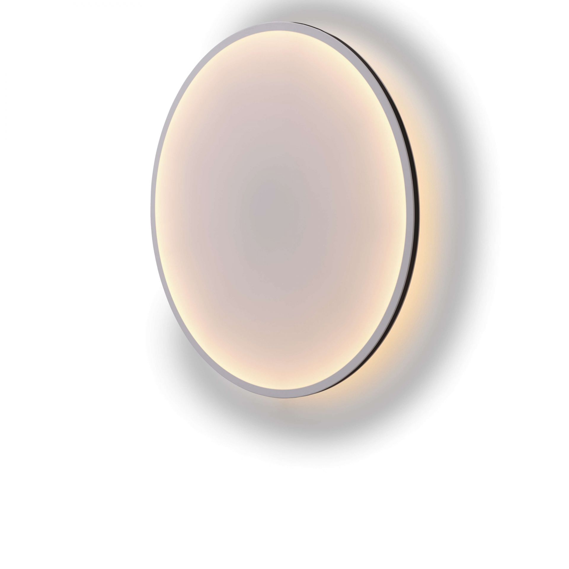 Nahaufnahme der runden Calm Wall Lamp Wandleuchte von Muuto mit sanftem, warmem Licht.