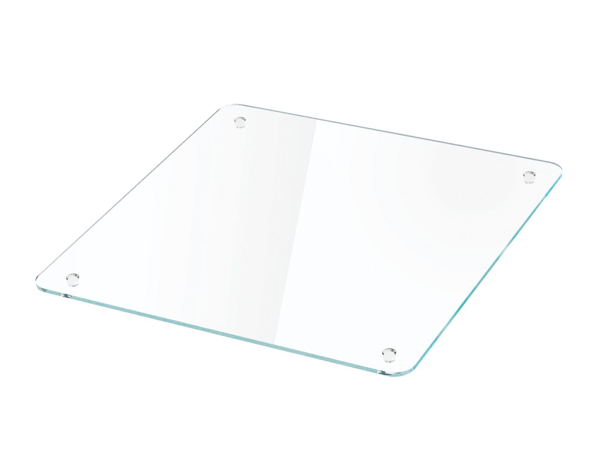 Quadratische Glasplatte mit abgerundeten Ecken und Befestigungslöchern für Möbelbau oder Tischplatten.