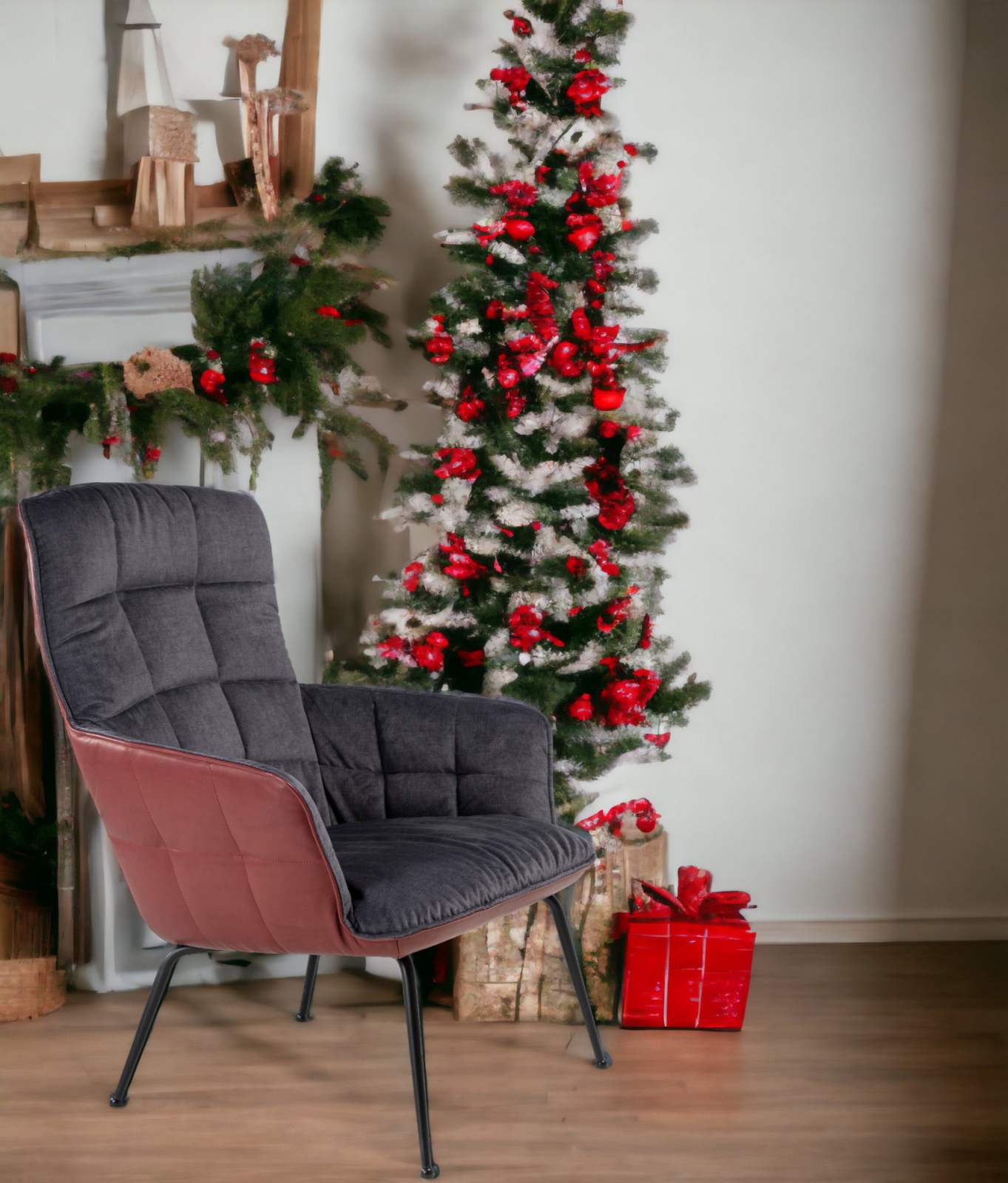 Marla Easy Chair High Sessel von Freifrau Manufaktur, grauer Stoff, braunes Leder, moderner Design Sessel.