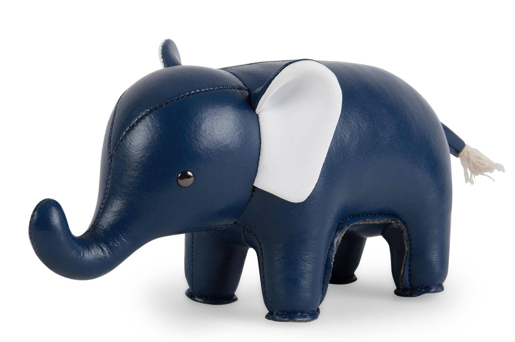 Buchstütze Elefant von Züny, mitternachtsblau und weiß, dekorative Tierfigur für Bücherregale.