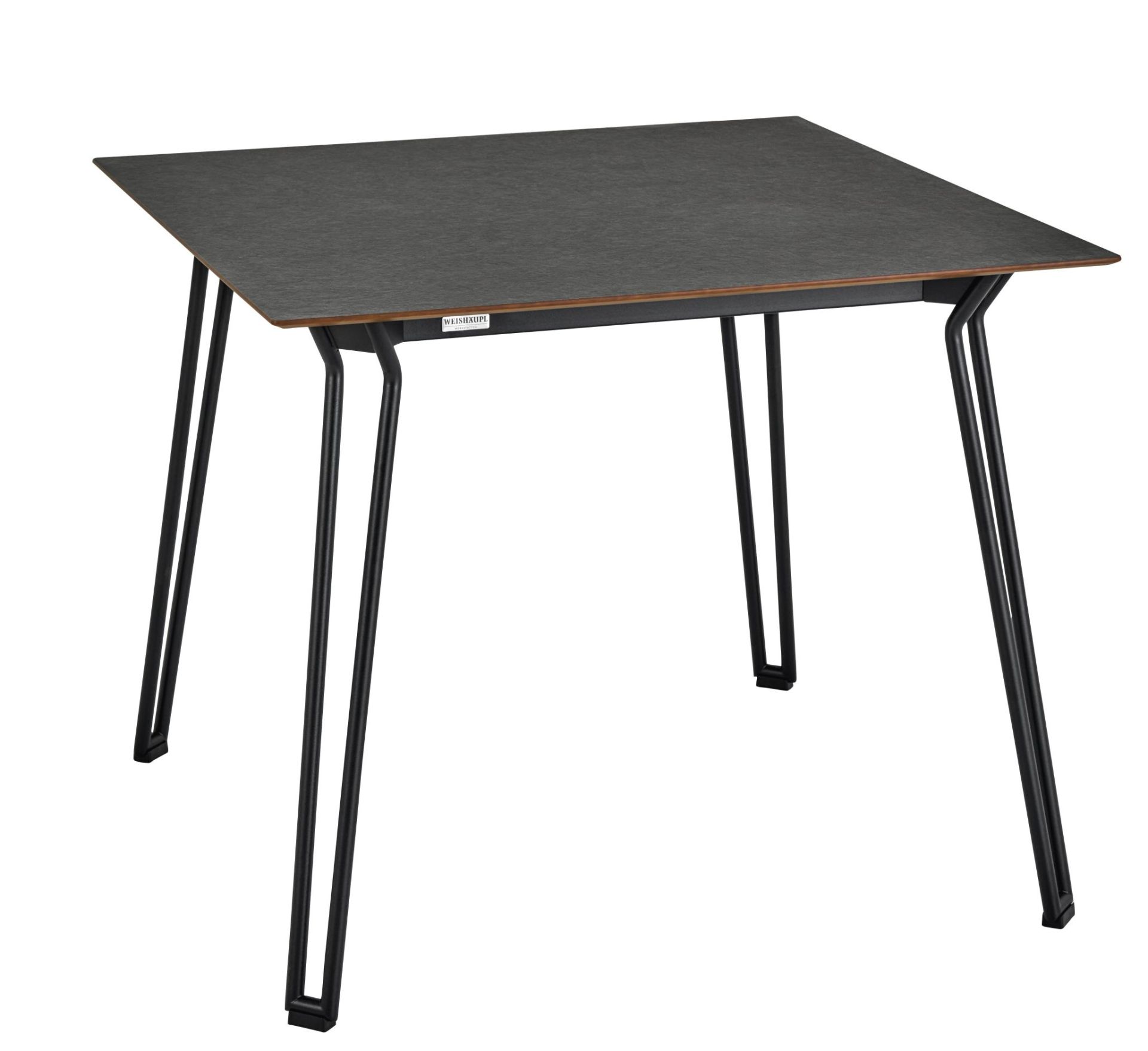 Weishäupl Slope Tisch, quadratischer Esstisch für den Außenbereich mit dunkler Tischplatte und schwarzen Metallbeinen.