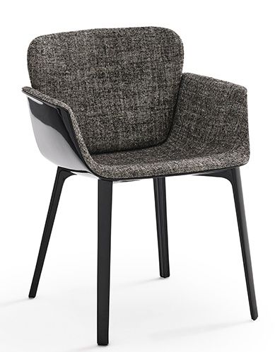 KN06 Stuhl von Knoll International mit Armlehnen, grau meliertem Stoffbezug und schwarzen Beinen.