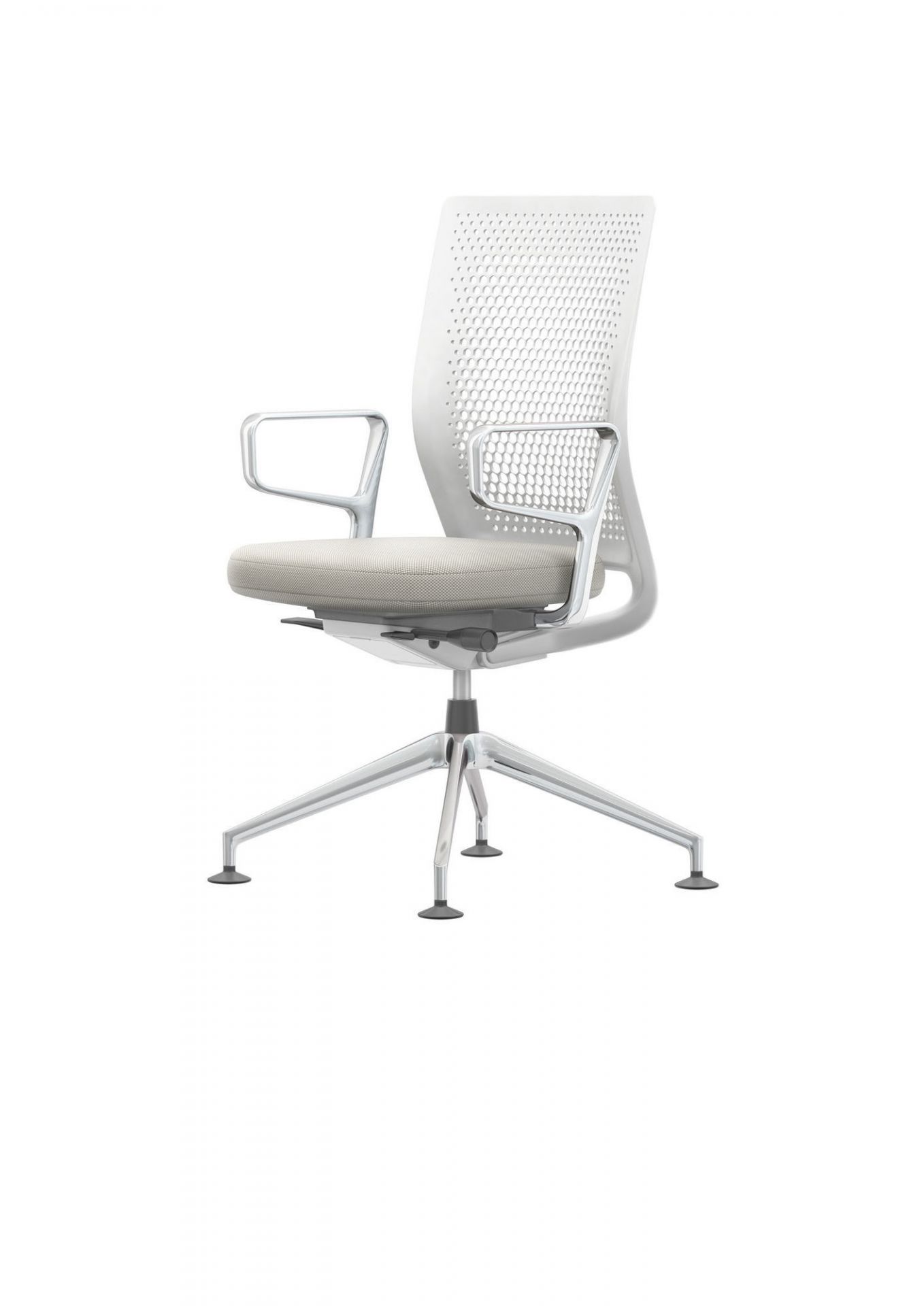 Vitra ID Air Bürostuhl in Weiß mit Armlehnen und grauem Sitzpolster. Ergonomischer Drehstuhl.