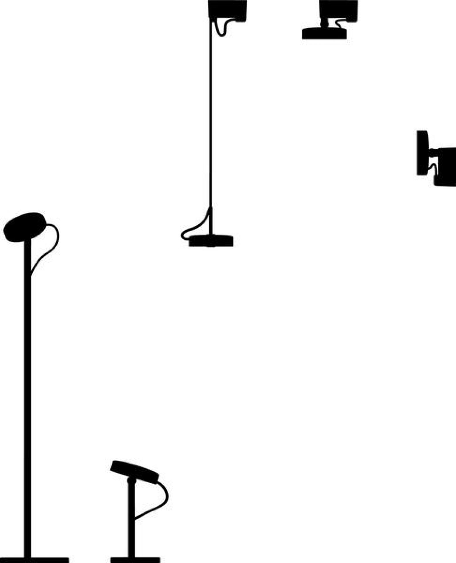 Silhouette verschiedener Belux U-Turn Leuchten, inklusive Steh-, Wand- und Deckenleuchten, modernes Design für Wohnraum und Büro.