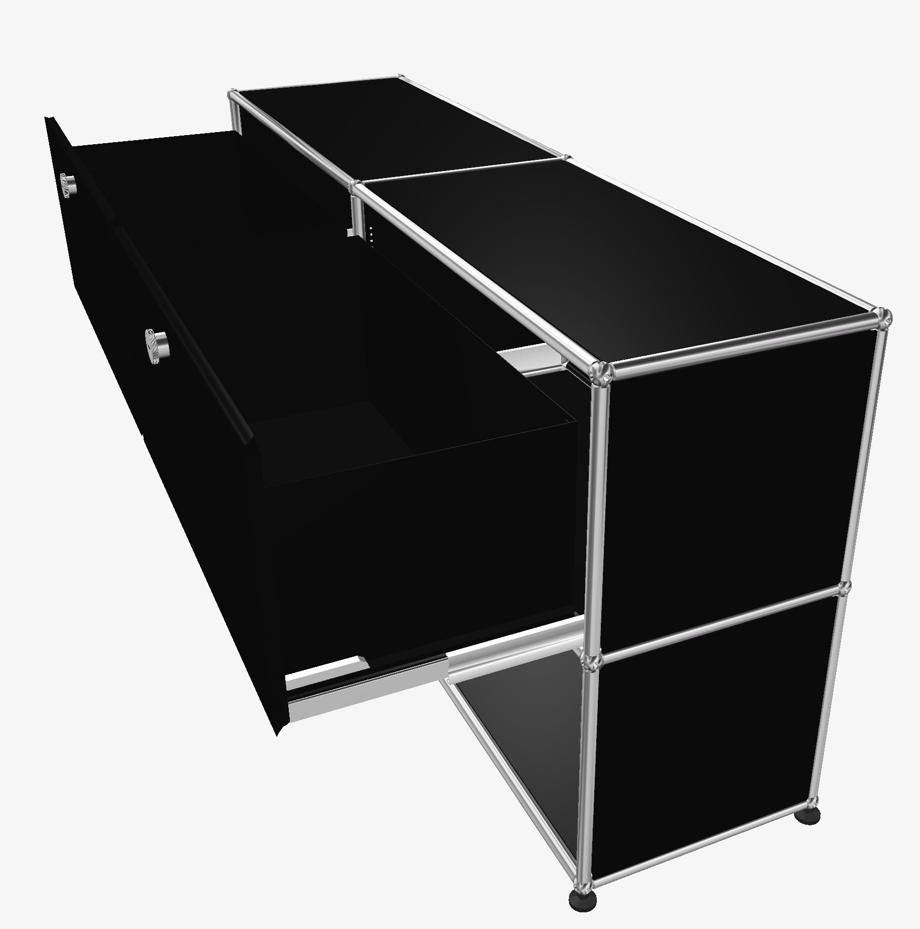 USM Haller Sideboard Graphitschwarz mit zwei Schubladen und offenen Fächern, modernes Designmöbel.
