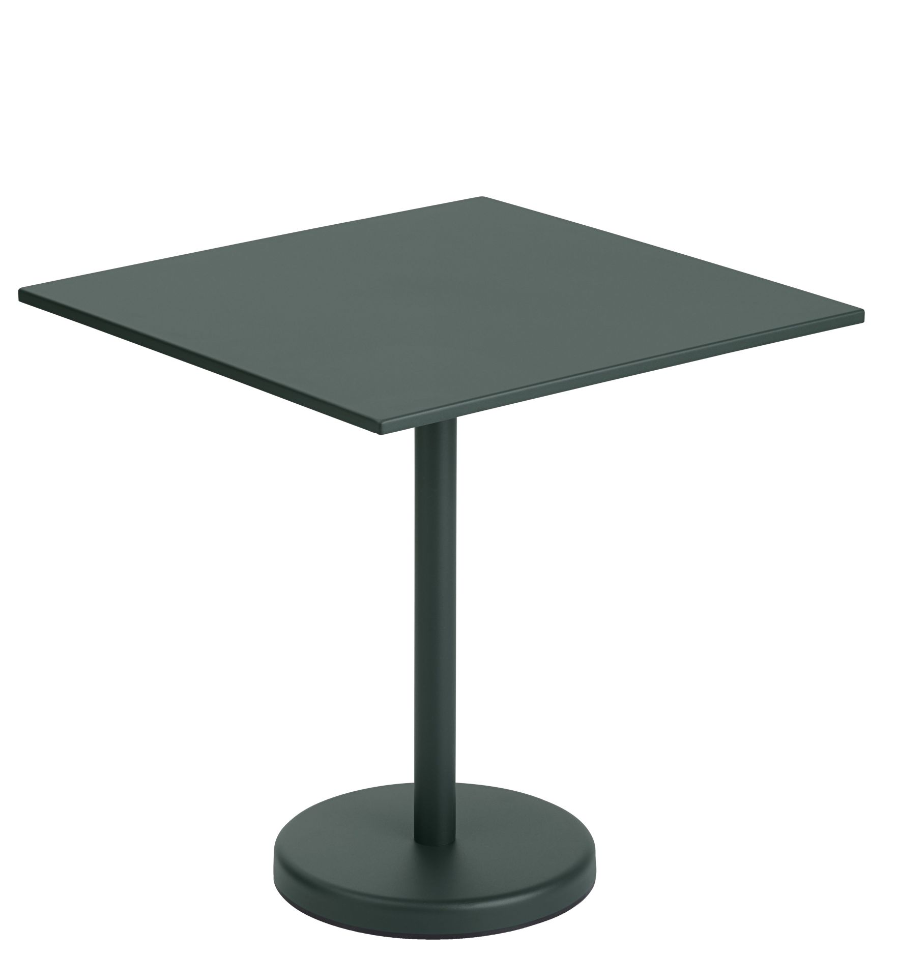 Muuto Linear Steel Cafétisch für den Außenbereich, quadratische Tischplatte in Dunkelgrün.