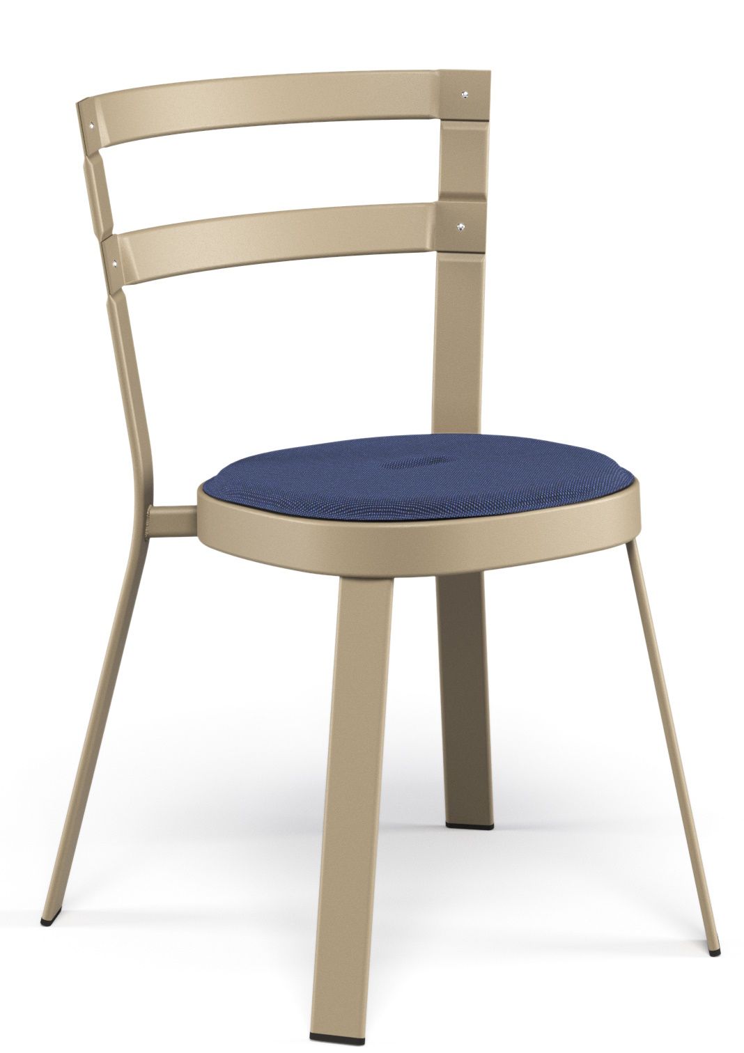 Thor Chair Stuhl Outdoor Emu: Beiger Metallstuhl mit blauer Sitzfläche für Garten und Terrasse.
