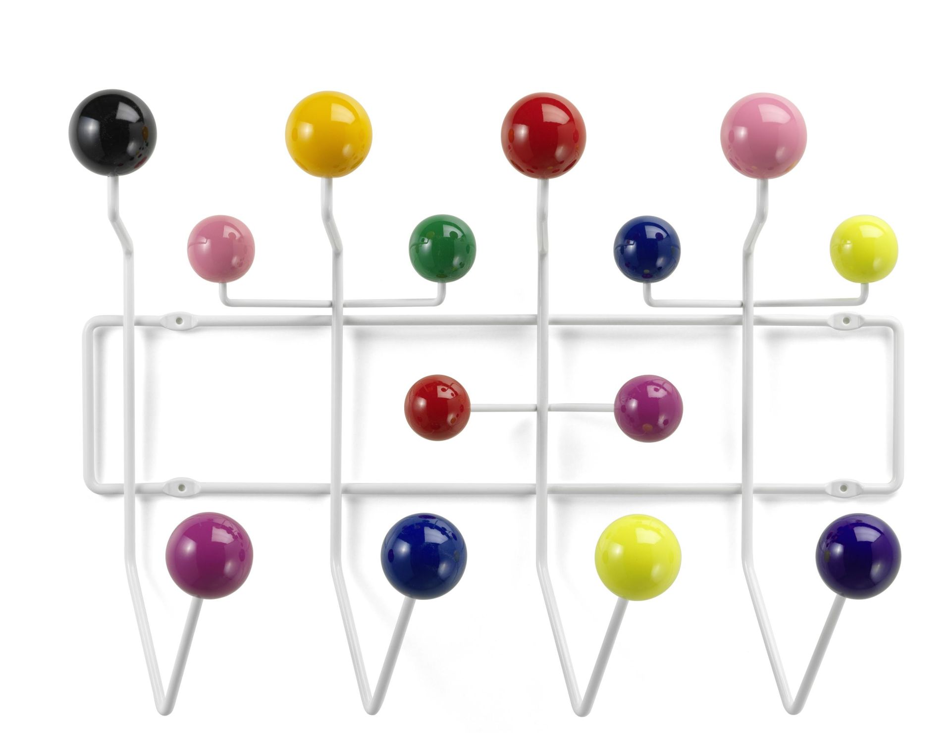 Eames Hang it all Garderobe von Vitra mit bunten Holzkugeln und weißem Drahtgestell.