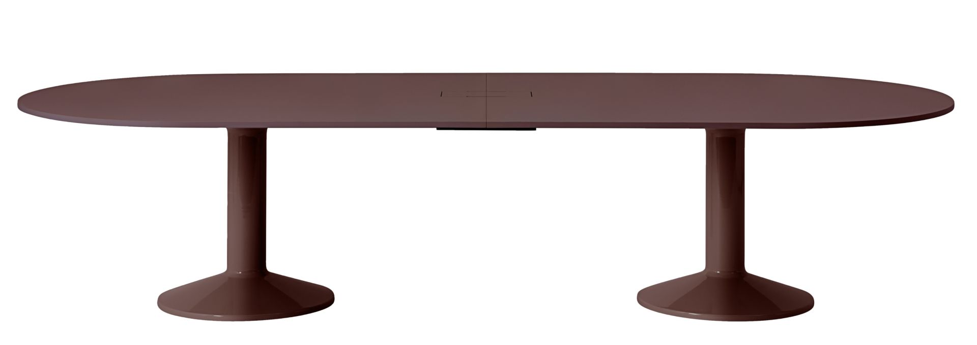 Muuto Midst Conference Table in Braun, ovaler Besprechungstisch mit zwei Säulen und Kabelmanagement.