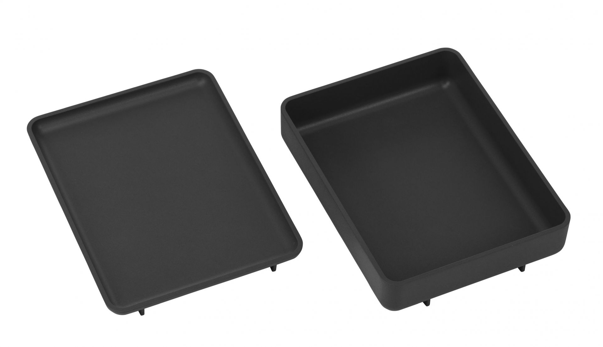 Schwarzes Vitra Drop Box Tray Set, bestehend aus flacher Ablage und Box, für Büroorganisation.