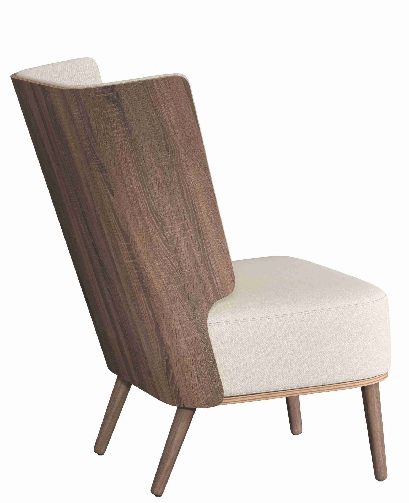 Serena Lounge Chair Sessel mit dunkler Eiche und vanillefarbenem Stoff von Novoform, Rückansicht.